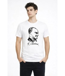 Erkek Atatürk Baskılı Tişört Kısa Kollu Bisiklet Yaka T-Shirt - Beyaz