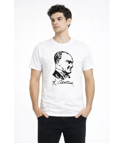 Erkek Atatürk Baskılı Tişört Kısa Kollu Bisiklet Yaka T-Shirt - Beyaz