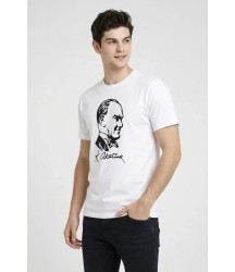 Erkek Atatürk Baskılı Tişört Kısa Kollu Bisiklet Yaka T-Shirt - Beyaz