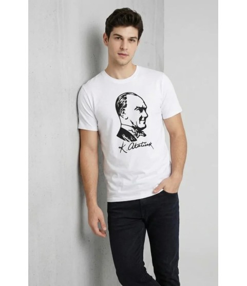 Erkek Atatürk Baskılı Tişört Kısa Kollu Bisiklet Yaka T-Shirt - Beyaz