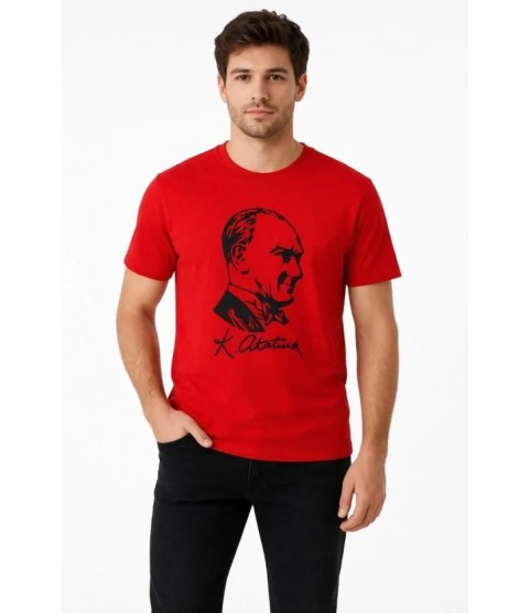 Erkek Atatürk Baskılı Tişört Kısa Kollu Bisiklet Yaka T-Shirt - Kırmızı Erkek Atatürk Baskılı Tişört Kısa Kollu Bisiklet Yaka T-Shirt - Kırmızı