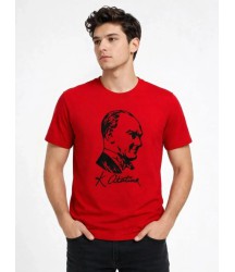 Erkek Atatürk Baskılı Tişört Kısa Kollu Bisiklet Yaka T-Shirt - Kırmızı