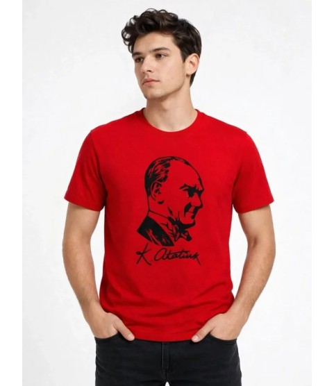 Erkek Atatürk Baskılı Tişört Kısa Kollu Bisiklet Yaka T-Shirt - Kırmızı Erkek Atatürk Baskılı Tişört Kısa Kollu Bisiklet Yaka T-Shirt - Kırmızı