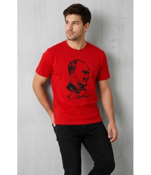 Erkek Atatürk Baskılı Tişört Kısa Kollu Bisiklet Yaka T-Shirt - Kırmızı Erkek Atatürk Baskılı Tişört Kısa Kollu Bisiklet Yaka T-Shirt - Kırmızı