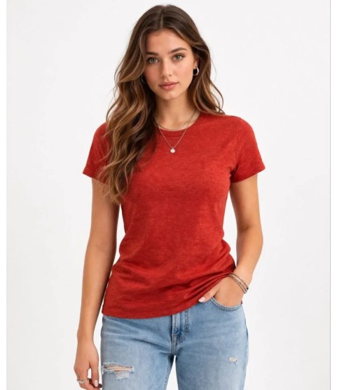 Flam Kumaş Melanj Dokulu Regular Fit Tişört Bisiklet Yaka Yazlık T-Shirt - Kiremit Flam Kumaş Melanj Dokulu Regular Fit Tişört Bisiklet Yaka Yazlık T-Shirt - Kiremit