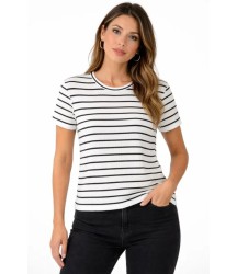 Çizgili Yazlık Triko T-Shirt Bisiklet Yaka Rahat Kalıp Tişört - Beyaz