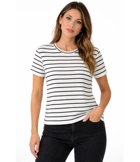 Çizgili Yazlık Triko T-Shirt Bisiklet Yaka Rahat Kalıp Tişört - Beyaz Çizgili Yazlık Triko T-Shirt Bisiklet Yaka Rahat Kalıp Tişört - Beyaz