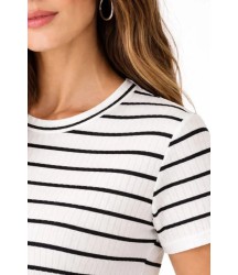 Çizgili Yazlık Triko T-Shirt Bisiklet Yaka Rahat Kalıp Tişört - Beyaz