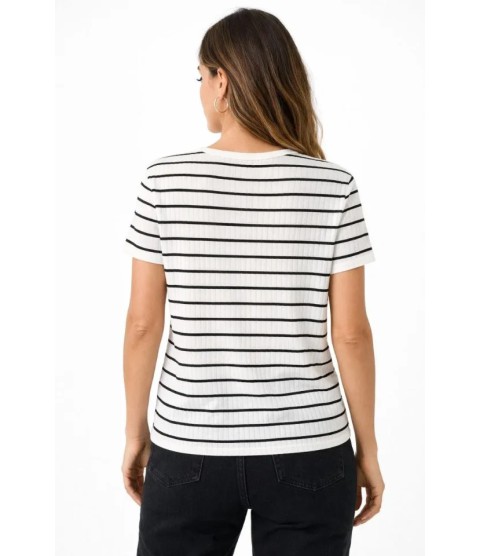 Çizgili Yazlık Triko T-Shirt Bisiklet Yaka Rahat Kalıp Tişört - Beyaz Çizgili Yazlık Triko T-Shirt Bisiklet Yaka Rahat Kalıp Tişört - Beyaz