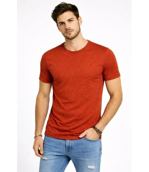 Erkek Flam Kumaş Melanj Dokulu Regular Fit Tişört Bisiklet Yaka Yazlık T-Shirt - Kiremit