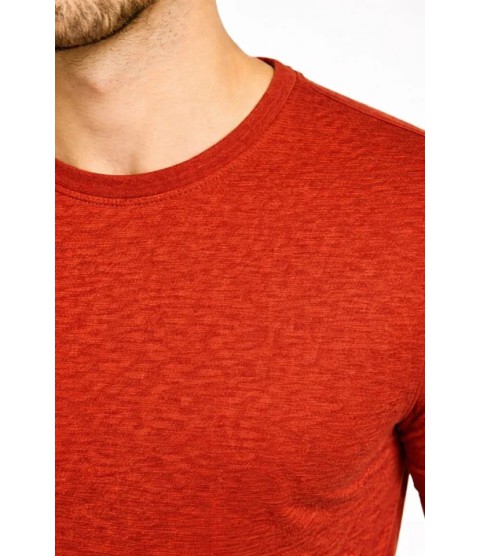 Erkek Flam Kumaş Melanj Dokulu Regular Fit Tişört Bisiklet Yaka Yazlık T-Shirt - Kiremit