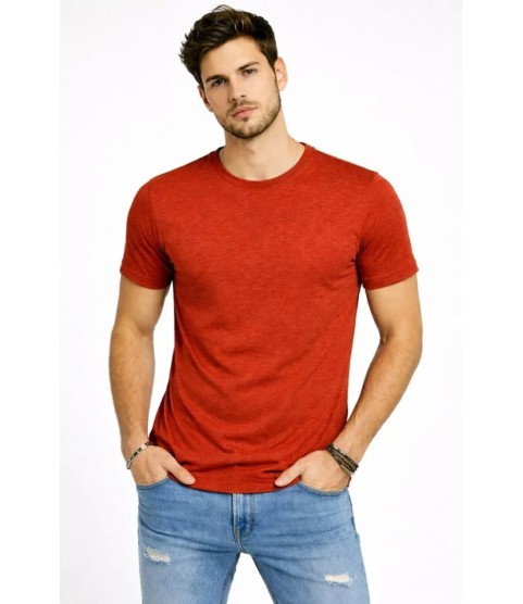 Erkek Flam Kumaş Melanj Dokulu Regular Fit Tişört Bisiklet Yaka Yazlık T-Shirt - Kiremit