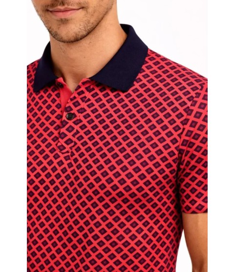 Erkek Pike Kumaş Polo Yaka Desenli Tişört Kısa Kol Yazlık T-Shirt - Kırmızı