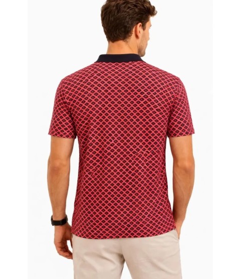 Erkek Pike Kumaş Polo Yaka Desenli Tişört Kısa Kol Yazlık T-Shirt - Kırmızı