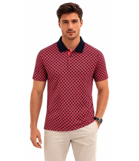 Erkek Pike Kumaş Polo Yaka Desenli Tişört Kısa Kol Yazlık T-Shirt - Kırmızı