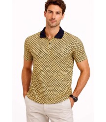 Erkek Pike Kumaş Polo Yaka Desenli Tişört Kısa Kol Yazlık T-Shirt - Sarı