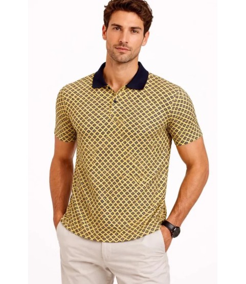 Erkek Pike Kumaş Polo Yaka Desenli Tişört Kısa Kol Yazlık T-Shirt - Sarı