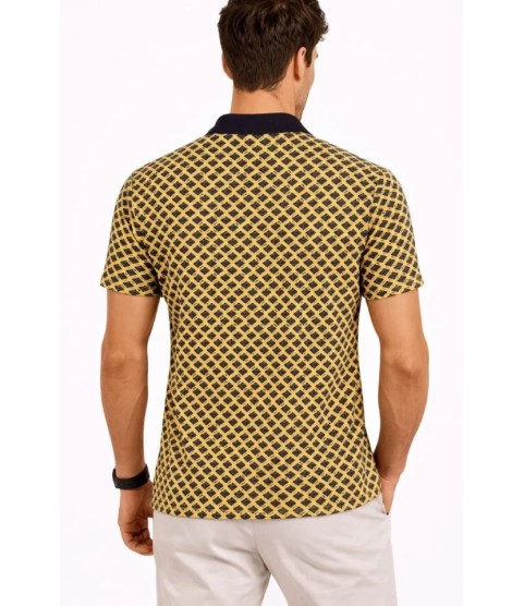 Erkek Pike Kumaş Polo Yaka Desenli Tişört Kısa Kol Yazlık T-Shirt - Sarı