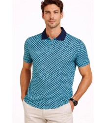 Erkek Pike Kumaş Polo Yaka Desenli Tişört Kısa Kol Yazlık T-Shirt - Turkuaz