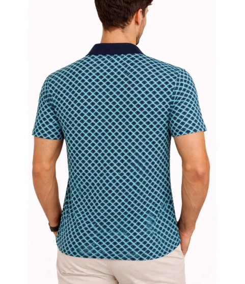 Erkek Pike Kumaş Polo Yaka Desenli Tişört Kısa Kol Yazlık T-Shirt - Turkuaz