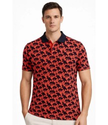Erkek Pike Kumaş Polo Yaka Palmiye Desenli Tişört Kısa Kol Yazlık T-Shirt - Kırmızı