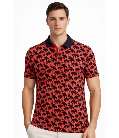 Erkek Pike Kumaş Polo Yaka Palmiye Desenli Tişört Kısa Kol Yazlık T-Shirt - Kırmızı