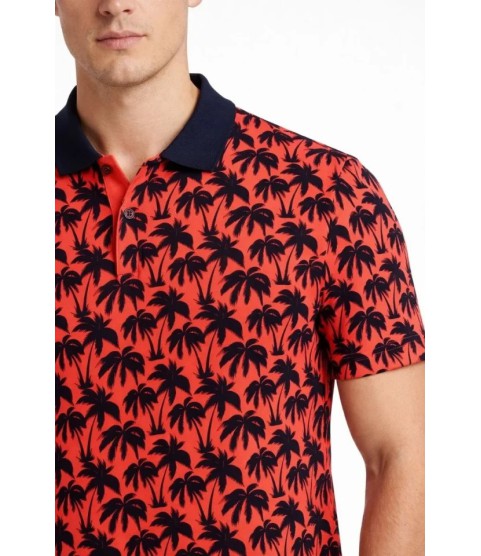 Erkek Pike Kumaş Polo Yaka Palmiye Desenli Tişört Kısa Kol Yazlık T-Shirt - Kırmızı