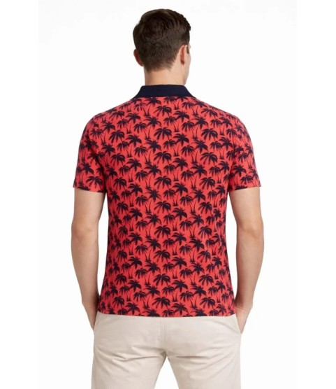 Erkek Pike Kumaş Polo Yaka Palmiye Desenli Tişört Kısa Kol Yazlık T-Shirt - Kırmızı