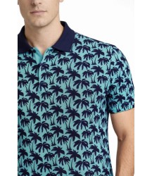 Erkek Pike Kumaş Polo Yaka Palmiye Desenli Tişört Kısa Kol Yazlık T-Shirt - Turkuaz