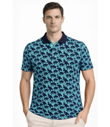 Erkek Pike Kumaş Polo Yaka Palmiye Desenli Tişört Kısa Kol Yazlık T-Shirt - Turkuaz