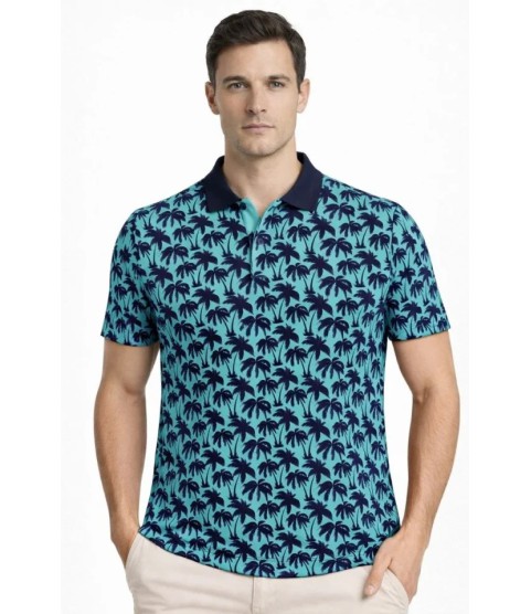 Erkek Pike Kumaş Polo Yaka Palmiye Desenli Tişört Kısa Kol Yazlık T-Shirt - Turkuaz