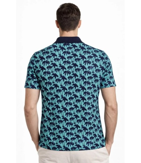 Erkek Pike Kumaş Polo Yaka Palmiye Desenli Tişört Kısa Kol Yazlık T-Shirt - Turkuaz