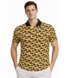 Erkek Pike Kumaş Polo Yaka Palmiye Desenli Tişört Kısa Kol Yazlık T-Shirt - Sarı