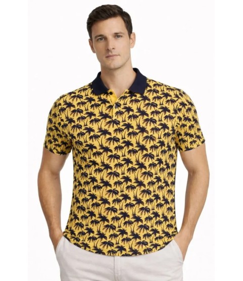 Erkek Pike Kumaş Polo Yaka Palmiye Desenli Tişört Kısa Kol Yazlık T-Shirt - Sarı