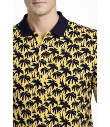 Erkek Pike Kumaş Polo Yaka Palmiye Desenli Tişört Kısa Kol Yazlık T-Shirt - Sarı