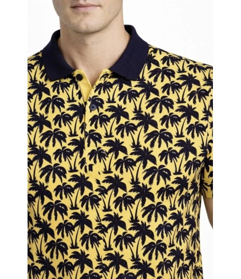 Erkek Pike Kumaş Polo Yaka Palmiye Desenli Tişört Kısa Kol Yazlık T-Shirt - Sarı