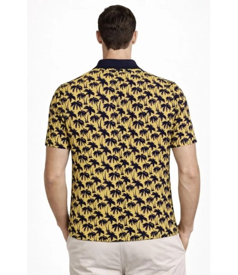 Erkek Pike Kumaş Polo Yaka Palmiye Desenli Tişört Kısa Kol Yazlık T-Shirt - Sarı