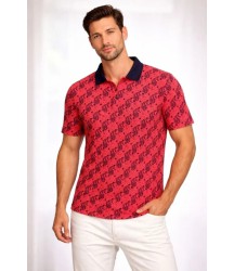 Erkek Pike Kumaş Polo Yaka Palmiye Desenli Tişört Kısa Kol Yazlık T-Shirt - Kırmızı