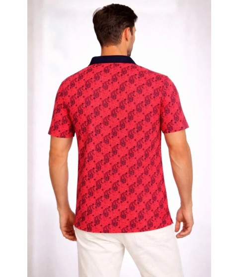 Erkek Pike Kumaş Polo Yaka Palmiye Desenli Tişört Kısa Kol Yazlık T-Shirt - Kırmızı