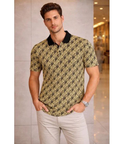 Erkek Pike Kumaş Polo Yaka Palmiye Desenli Tişört Kısa Kol Yazlık T-Shirt - Sarı