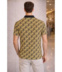 Erkek Pike Kumaş Polo Yaka Palmiye Desenli Tişört Kısa Kol Yazlık T-Shirt - Sarı