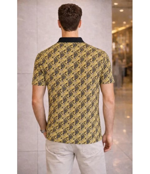 Erkek Pike Kumaş Polo Yaka Palmiye Desenli Tişört Kısa Kol Yazlık T-Shirt - Sarı