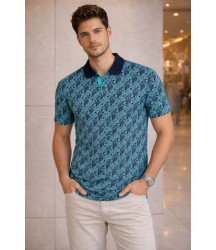 Erkek Pike Kumaş Polo Yaka Palmiye Desenli Tişört Kısa Kol Yazlık T-Shirt - Turkuaz