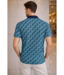 Erkek Pike Kumaş Polo Yaka Palmiye Desenli Tişört Kısa Kol Yazlık T-Shirt - Turkuaz