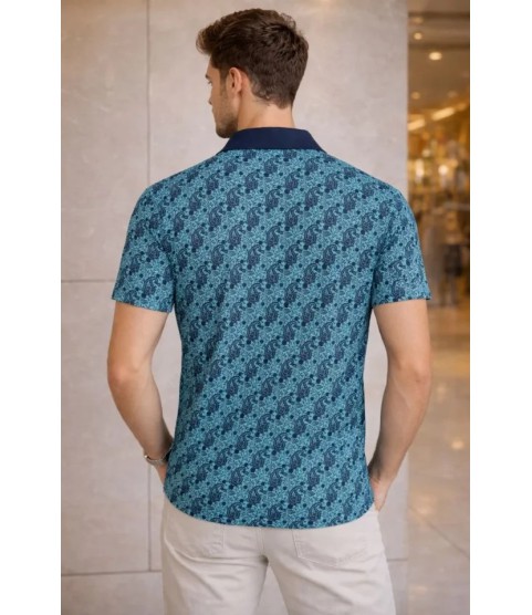Erkek Pike Kumaş Polo Yaka Palmiye Desenli Tişört Kısa Kol Yazlık T-Shirt - Turkuaz