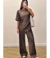 Kadın Kısa Kollu Bisiklet Yaka Iki Iplik Leopar Desenli Bluz Ve Pantolon Ikili Takım