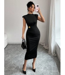 Kadın Yarı Balıkçı Yaka Kısa Kollu çicek Aksesuar Detaylı Midi Dalgıç Elbise