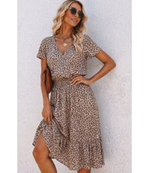 Kadın Kısa Kollu V Yakalı Beli Lastikli Midi Süprem Elbise