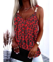 Kadın Askılı V Yakalı Boncuk Detaylı Leopar Desenli Süprem Bluz