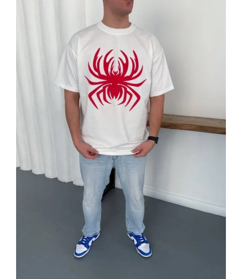 Erkek Örümcek Baskılı Tişört Kısa Kollu Bisiklet Yaka T-Shirt - Beyaz